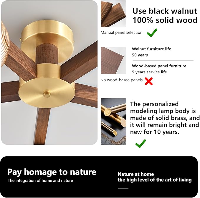 Modern Walnut Wood LED Ceiling Light Fixture,Glass Shade 5 Light Semi Flush Mount Wooden Ceiling Light,Farmhouse Walnut Solid Wood Brass Chandelier for Living Room,Bedroom,dinging Room
