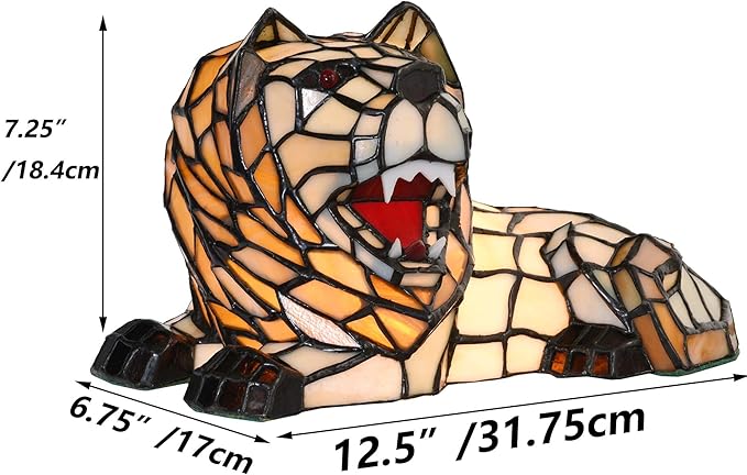 Bieye L10828 Roaring Lion Table Lamp Tiffany Style Stained Glass Accent Night Light for Children's Room Nursery Home Décor