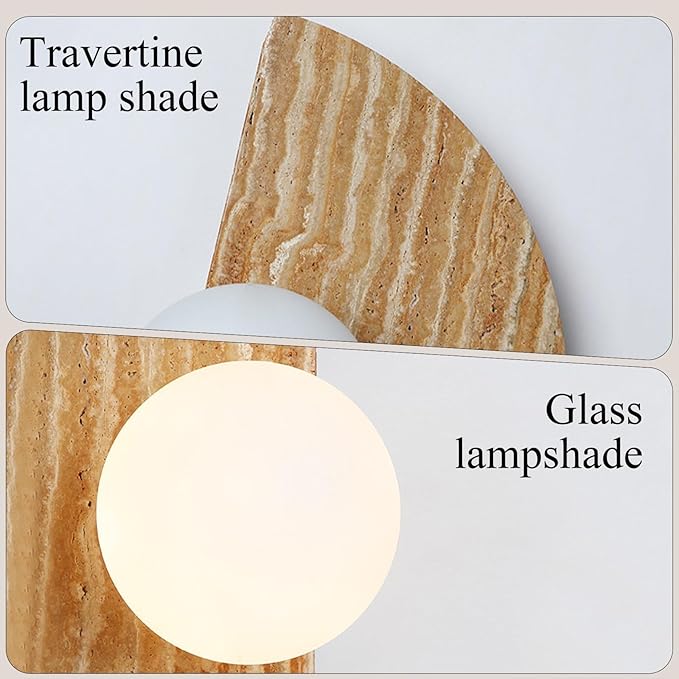 Japanese Style Wabi-Sabi Art Lighting Fixture, Half Moon Semi Circle Yellow Travertine Wall Lamp with Glass Shade, Nordic Modern Marble Wall Sconce for Bedroom Living Room Hallway Entryway
