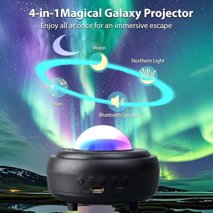 Galaxy Projector Night Light with Bluetooth Speaker, Starry Star Projection Light with Ocean Wave for Bedroom, Northern Lights Projector with Moon, Ambient Lighting for Room Party Xmas
