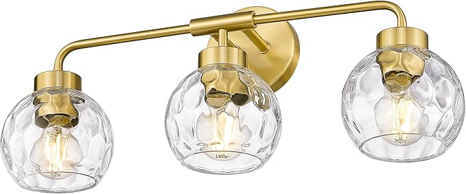 zeyu Modern Bathroom Vanity Light, 23 Inch 3-Light Gold Bathroom Light Fixtures, Water Ripple Globe Glass, Brushed Gold Finish, ZS62BG-3W BG-WG