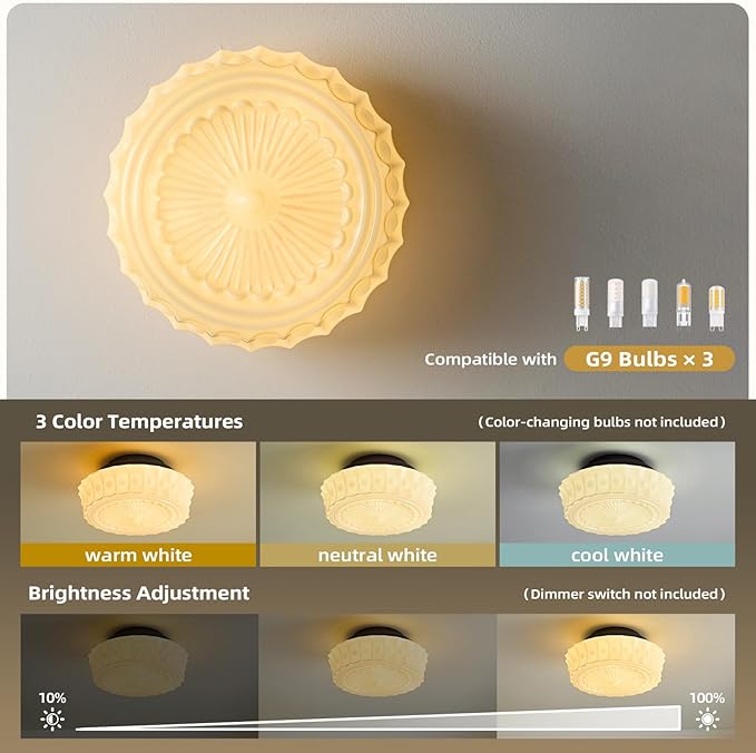 Schoolhouse Vintage Glass Ceiling Light - Small 12 Inch Cream Yellow Mid Century Modern Flush Mount Lighting Fixtures - Art Deco Lamp for Bedroom Kitchen Entryway Laundry Hallway Foyer Bathroom Hall - Aura Lighting
