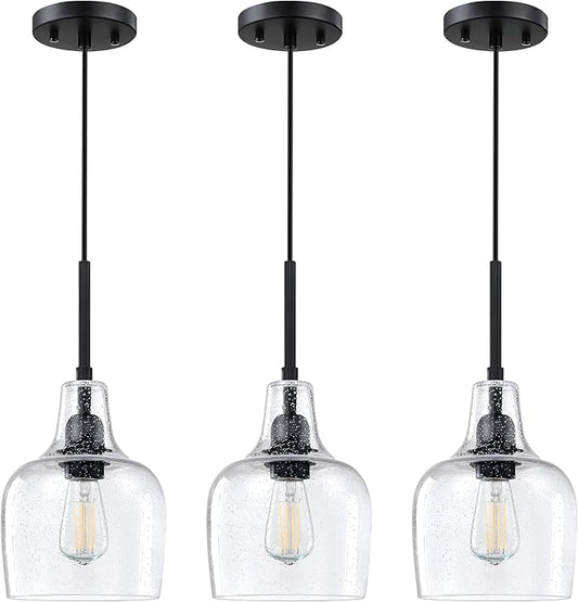 3 Pack 1 Light Indoor Hanging Kitchen Island Pendant Ceiling Light 6.1" Clear Seeded Glass Fixture,Black Finish for Farmhouse Over Sink Bedroom Hallway