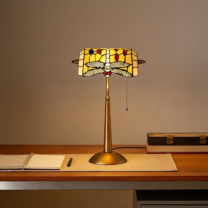 Tiffany Style Dragonfly Bankers Lamp - 18.1" Tall Stained Glass Desk Light with Adjustable Angle & Pull Chain, Vintage Handcrafted Accent Décor for Home Office Bedroom（Yellow）