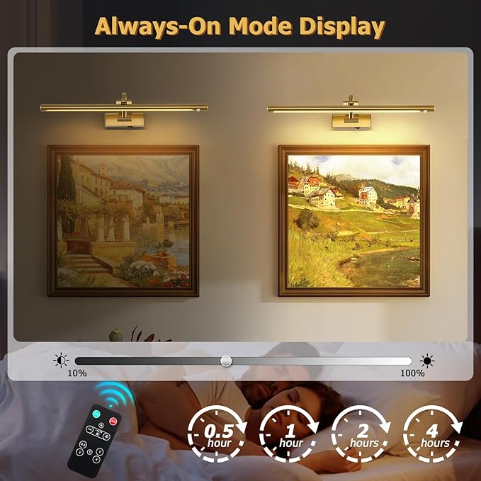 Wireless Brass Picture Lights for Wall Motion Activated, Motion Sensor Art Lights Auto-Off Gallery Lights for Portraits Display 24 Inch 5W Warm White