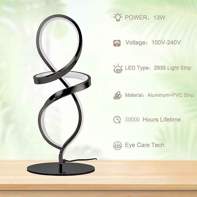 Mayful Modern Lamp with LED Spiral Design, Bedside Lamp with Stepless Dimming Switch, Contemporary Nightstand & Black Table Lamp for Bedroom, Living Room, Home Office, 12W 3200K Warm White,2 Pack