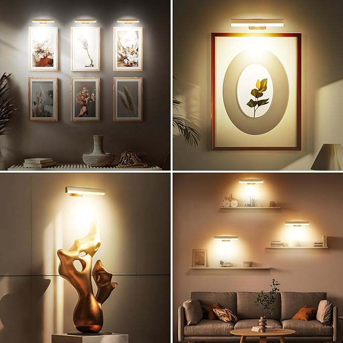 2Pcs Picture Light for Wall Dimmable,Remote Painting Light with Timer,Art Display Lighting with 3 Color, Battery Operated Led Accent Lights for Poster Frame Gallery Portrait Artwork-Gold