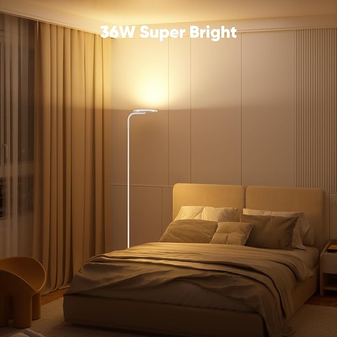 36W LED Floor Lamp, Super Bright Standing Lamp, Modern Stepless Dimmable Torchiere Tall Lamp with Remote Control, 350°Rotating Head Reading Floor Lamp for Living Room, Bedroom, Office - White - Aura Lighting