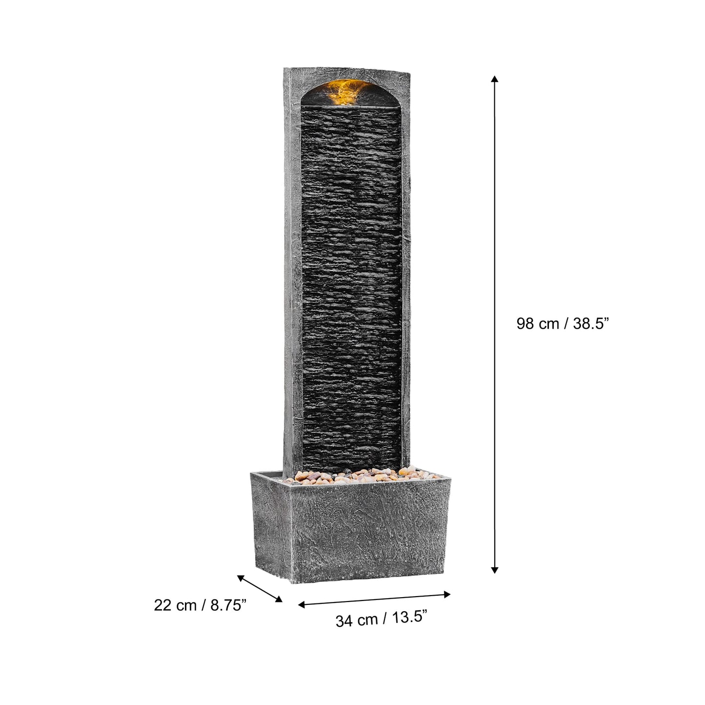 38.5" Faux Slate Contemporary Outdoor LED Waterfall Fountain with Pebble Base