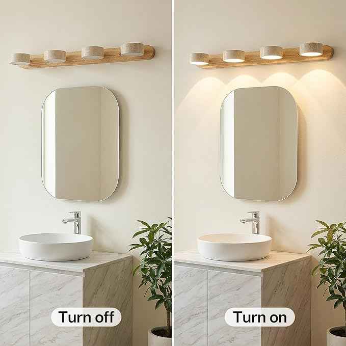Travertine Vanity Light, 300° Swivel Japandi Ash Wood LED Wall Sconce, Natural Stone Mirror Lighting Fixtures, 27.6" 4-Light Modern Rustic Wall Lamp for Bathroom & Bedroom (110V)