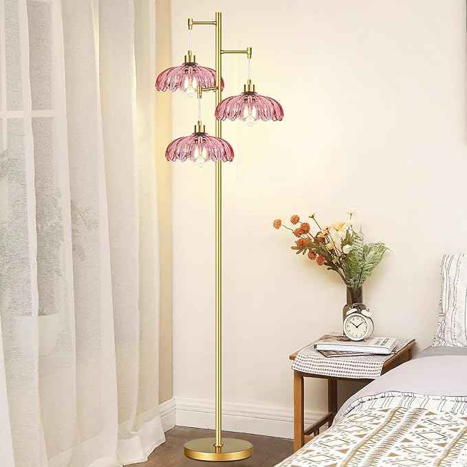 Pink Floor Lamp for Living Room,Bedroom,Gold Flower Mid Century Modern Standing Lamp Brass Tree 3 Light Tall Floor Lamps Vintage Floor Lights Glass Lamp Shade Farmhouse Boho Bohemian