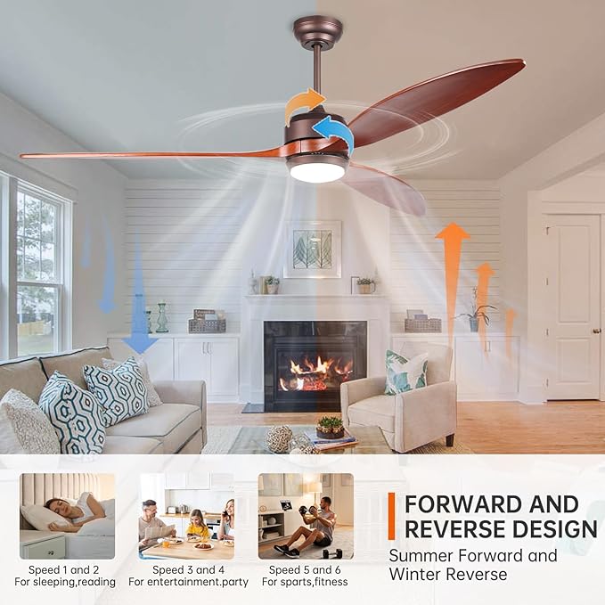 reiga 65 Inch Walnut Wood Ceiling Fan with Lights and Remote Control, Quiet Reverse DC Motor, High Airflow, Timer Function, and Built-in Air Purifier Coconut Carbon Pads for Home - Aura Lighting