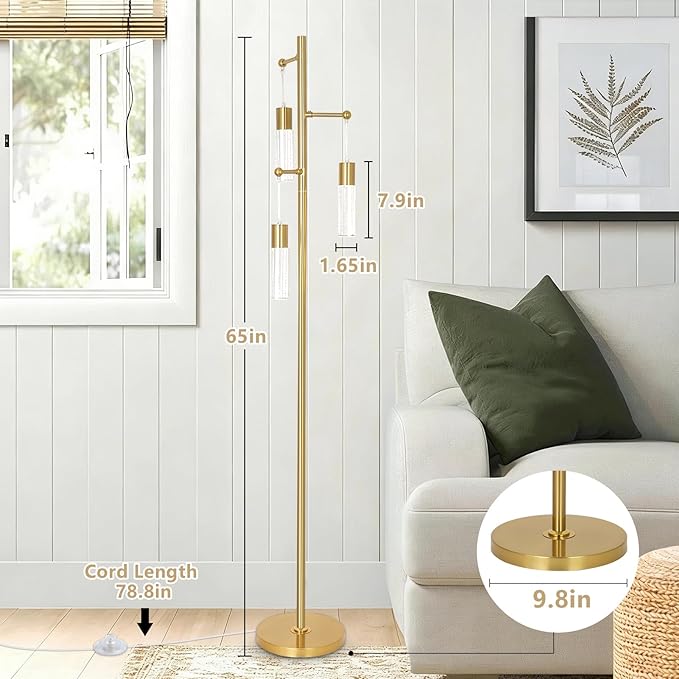 Gold Floor Lamps for Living Room, Modern Brass Standing Lamp with Bubble Crystal Shades, 3 Built-in LED Lights, ON/Off Foot Switch, Industrial Tall Tree Lamp for Bedroom Corner Home Office