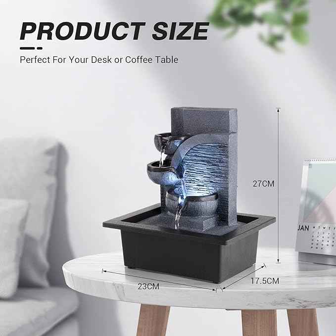 WICHEMI Tabletop Fountain Warer Fountains Indoor Waterfall Fountain Indoor Relaxing Water Feature Meditation Fountains with LED Light for Home Office Bedroom Decor (Style 6)
