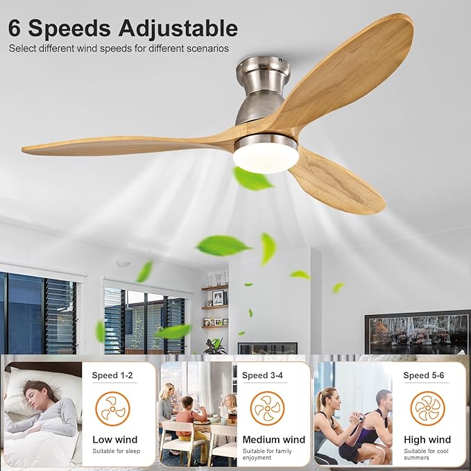 Dimmable 52 Inch Flush Mount Ceiling Fans with Lights and Remote, 3 Blade Wood Bedroom Ceiling Fan with Lights Low Profile Ceiling Fan with Light Brushed Nickel Outdoor Ceiling Fans for Patios