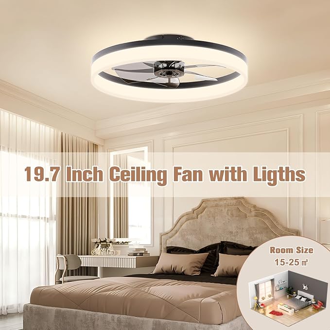 VOLISUN Low Profile Ceiling Fans with Lights and Remote, Fandelier Ceiling Fan Flush Mount, 3000K-6500K Smart Bladeless LED Fan Light, Black Modern Ceiling Fans with Lights for Bedroom - Aura Lighting