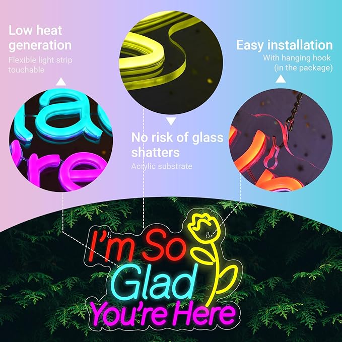 "I'm So Glad You're Here" Neon Sign - Classroom Welcome Decor with Rose, 15.7"x12.2" Multicolor LED Sign, USB Powered & Dimmable, Hanging Chain Included