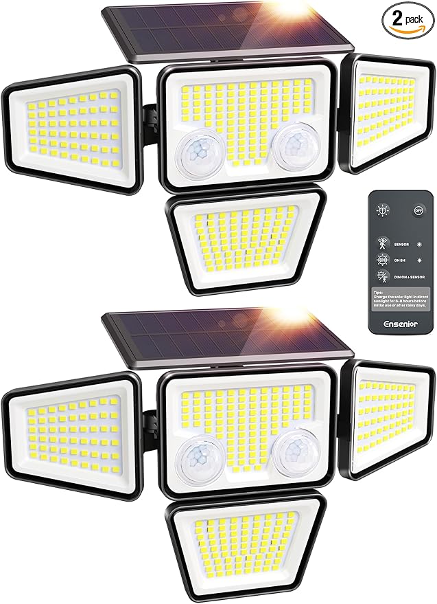 Ensenior Solar Lights Outdoor, Motion Sensor Outdoor Light with Remote Control, IP65 Waterproof 279 LED 4 Heads Solar Security Light with 4 Mode, 270° Wide Angle Solar Flood Light for Outside, 2 Packs