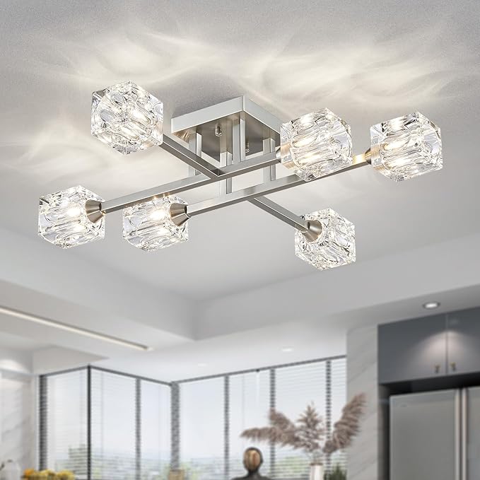 XINGQI Sputnik Light Fixture 6-Lights Semi Flush Mount Ceiling Light, Modern Silver Glass Chandelier Brushed Nickel Lighting for Dining Room Living Room Kitchen Bedroom Entryway - Aura Lighting
