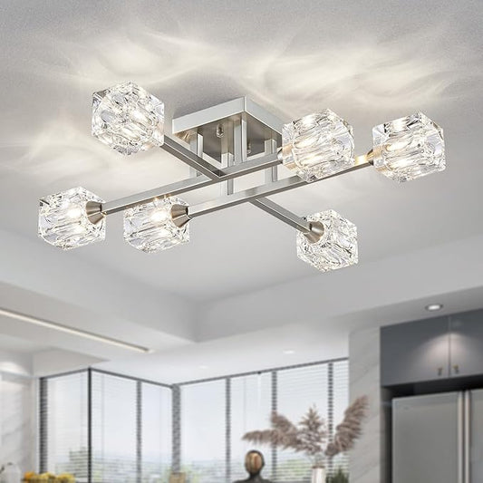 XINGQI Sputnik Light Fixture 6-Lights Semi Flush Mount Ceiling Light, Modern Silver Glass Chandelier Brushed Nickel Lighting for Dining Room Living Room Kitchen Bedroom Entryway - Aura Lighting