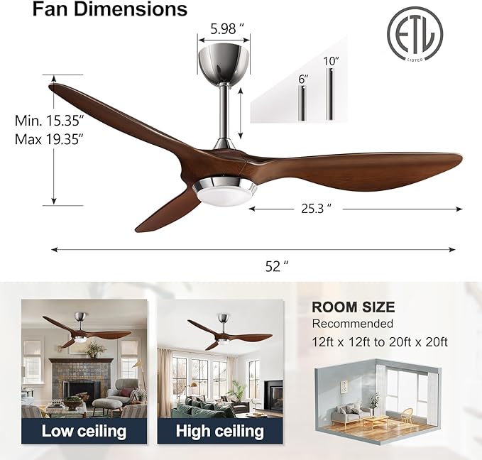 reiga 52 Inch ETL Listed High CFM Quiet DC Motor Smart Ceiling Fans with Lights Remote Control, Indoor 3 Blade Modern Ceiling Fan for Living Room Bedroom Farmhouse - Aura Lighting