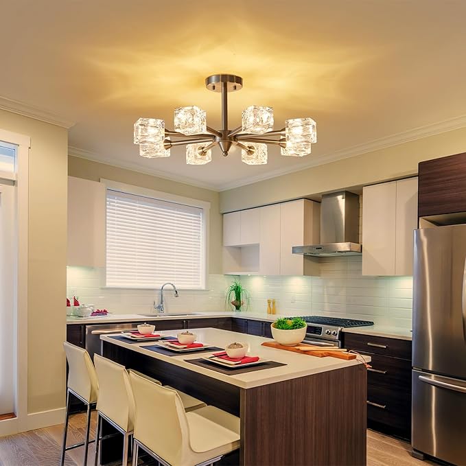 XINGQI 8-Light Semi Flush Mount Ceiling Light Fixture Modern Brushed Nickel Sputnik Chandeliers for Dining Room Living Room Kitchen Bedroom Entryway - Aura Lighting
