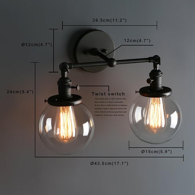 Phansthy 2 Light Industrial Glass Wall Sconce, Bathroom Wall Light with On Off Switch and Swing Arm, 5.9" Diameter Globe Lampshade Wall Lamps for Vanity Mirror Living Room Bedroom (Black)