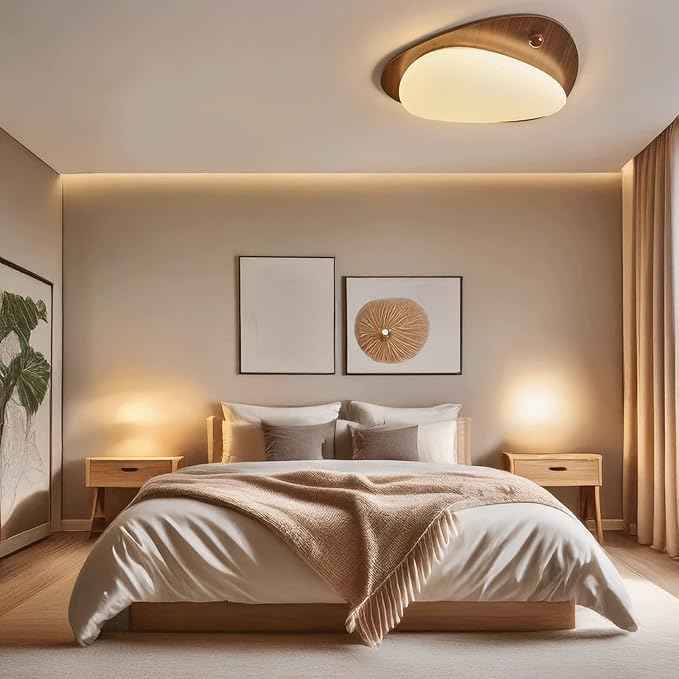 Modern Nordic Ceiling Light, 3-Color Dimming Walnut & Cream Wood Grain Pebble LED Ceiling Lamp, Minimalist Wabi-sabi Flush Mount Light Fixture, for Bedroom Living Room