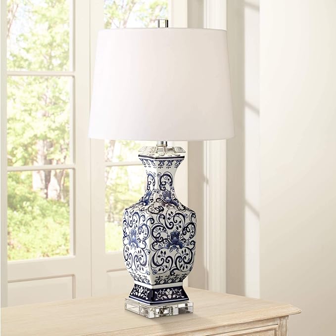 Barnes and Ivy Iris Asian Chinese Jar Style Table Lamps 28" Tall Set of 2 Blue Porcelain Crystal Geneva White Fabric Drum Shade Decor for Living Room Bedroom House Bedside Nightstand Home