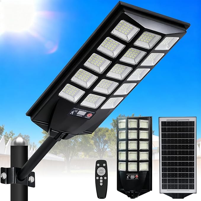 Jercoda 1 Pack Solar Street Lights Outdoor, 50000LM 6500K LED Flood Light Motion Sensor & Dusk to Dawn Security Lights with Remote Control, Waterproof Solar Powered Lighting for Garden Yard Parking