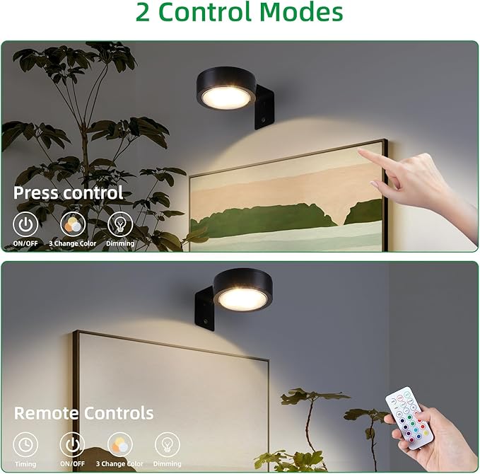 2 Pack Wireless Picture Lights for Wall,Rechargeable Picture Light Battery Operated with Remote,Dimmable Painting Light for Art Display,Battery Wall Lights for Dartboard Photo Frame Gallery.Black