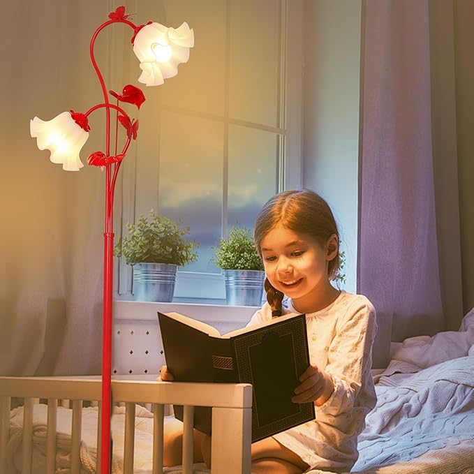 HMVPL Red Floor Lamp for Living Room, Flower Standing Lamp with 2 LED 5W Blubs, Foot Switch, Floral Tall Lamp with Acrylic Shade, Antique Lotus Flower Floor Lamp for Living Room Office Reading - Aura Lighting