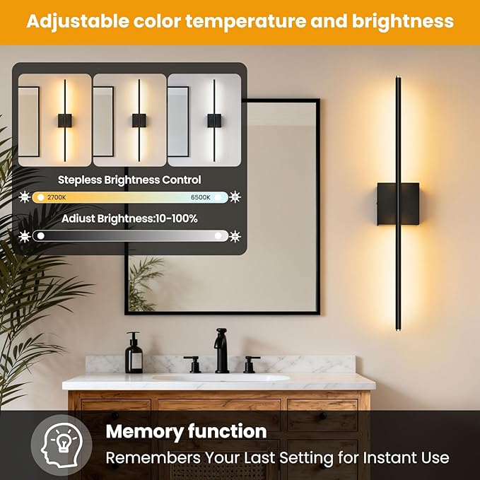 ZZXX Wall Sconce Set of 2, Wall Lights with Remote Control, Bathroom Wall Lamp for Living Room Bedroom Mirror Cabinet Porch Decor 100-240V 350°Horizontal Rotation 28 inch