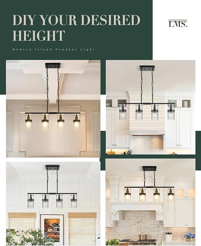 LMS 4-Light Island Lights, Farmhouse Light Fixtures with Hammered Glass Shade, Matte Black Linear Chandelier Pendant Lighting Over Table for Adjustable Height, Kitchen Island, LMS-171BK-4 - Aura Lighting