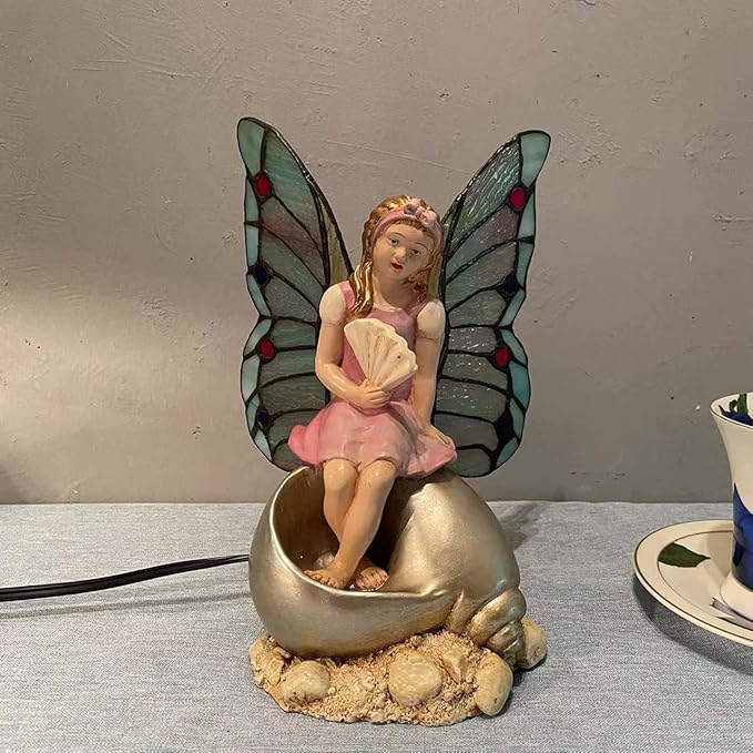 Bieye L10881 Butterfly Girl Sitting on Sea Snail Shell Tiffany Style Stained Glass Accent Table Lamp Night Light for Home Decoration