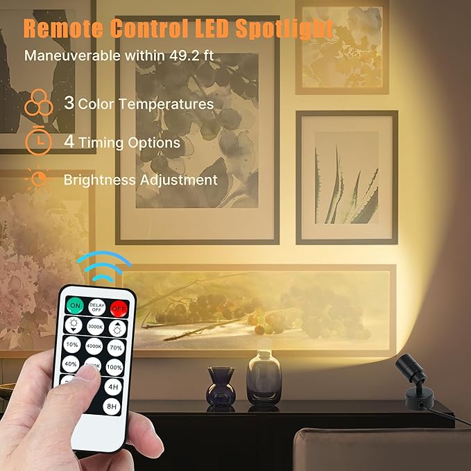 2 Pack LED Spotlights Indoor, 5W Plants Uplighting with Remote Control Dimmable & Timer, Uplights Indoor Floor Spot Lights for Picture, Artwork, Accent Stick on Wall Light with 5.9 FT Plug Cord
