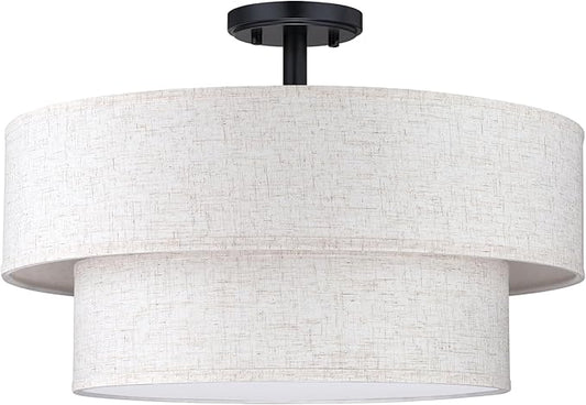 2-Tier 18" Cream Drum Fabric 4 Light Black Semi Flush Mount Ceiling Light for Living Room Dining Room Bedroom Hallway - Aura Lighting
