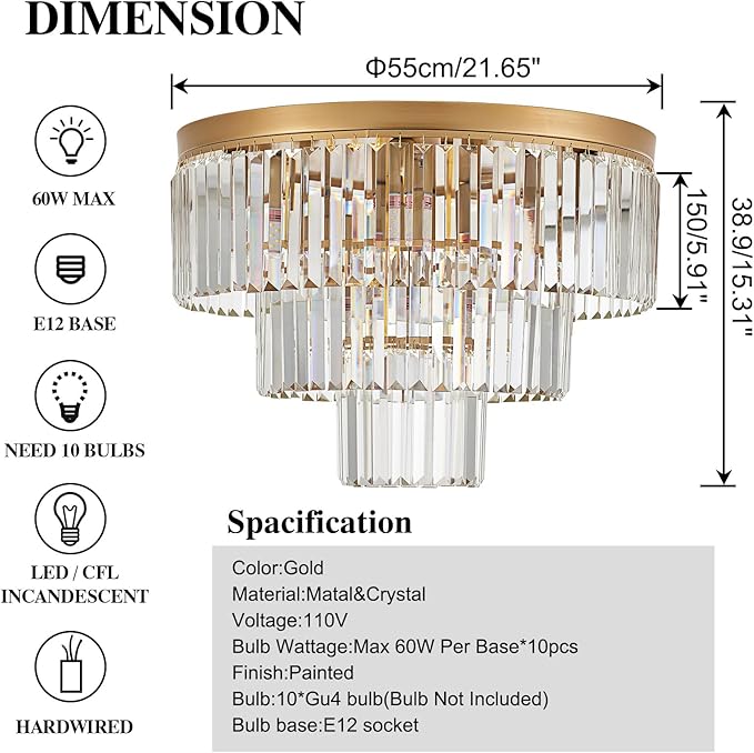 10-Light Gold Crystal Ceiling Light 21.65" Modern Crystal Ceiling Light Fixture 3-Tier Luxury K9 Crystal Flush Mount for Dining Room Kitchen Island Living Room Bedroom Entryway - Aura Lighting