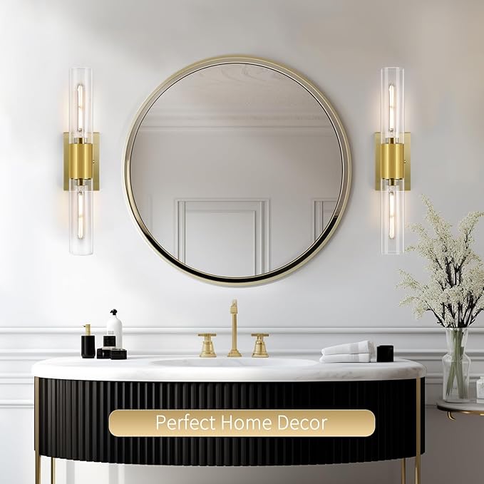 21" Gold Wall Sconces Set of Two, 2-Light Bathroom Sconces Vanity Light Tube Sconce, Clear Glass Indoor Hardwired Mounted Wall Lighting for Living Room,Bedroom,Hallway-Gold Clear (Bulb Not Included) - Aura Lighting