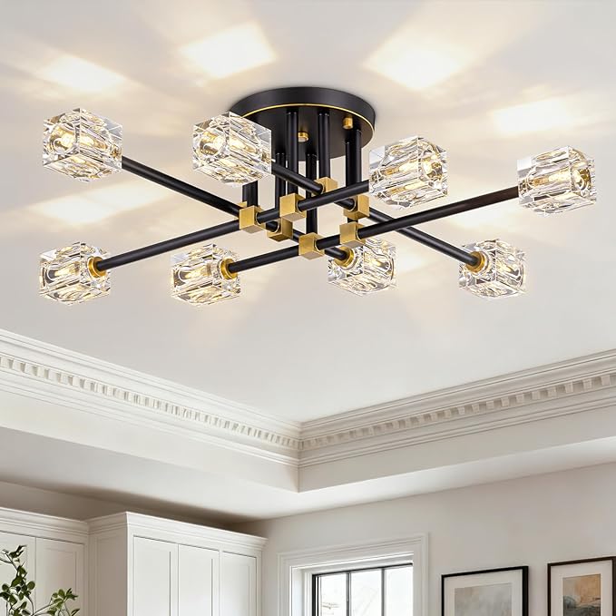Modern Crystal Ceiling Light Fixture,Semi Flush Mount Ceiling Light with 8-Lights,Farmhouse Black and Gold Sputnik Chandeliers for Bedroom,Dining Room,Kitchen,Entrway,Foyer,Hallway