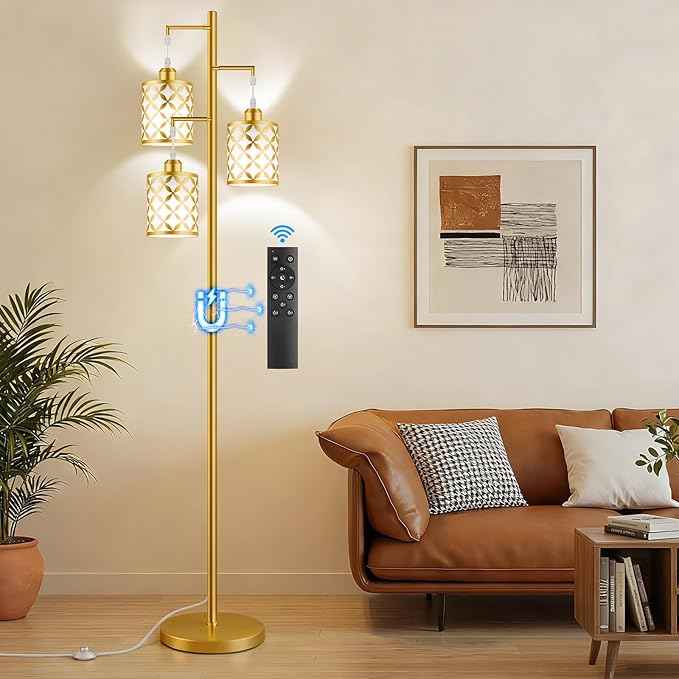 New Upgraded 72" Tall Dimmable Floor Lamp with 3 x 1100LM 12W Bright LED Bulbs, Farmhouse Standing Lamp with Remote Control, Industrial Tree Pole Floor Lamps for Living Room, Bedroom, Office - Gold