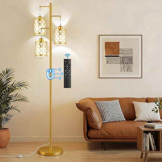 New Upgraded 72" Tall Dimmable Floor Lamp with 3 x 1100LM 12W Bright LED Bulbs, Farmhouse Standing Lamp with Remote Control, Industrial Tree Pole Floor Lamps for Living Room, Bedroom, Office - Gold