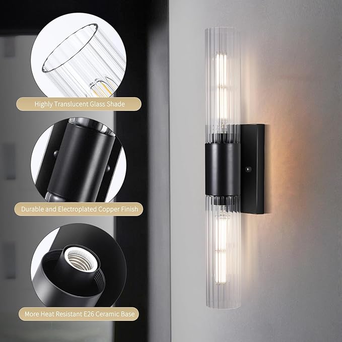 21" Bathroom Vanity Sconces Set of 2, Black Hardwired Wall Sconces Set of Two with Threaded Glass Shade, Modern Up Down Wall Decor Set of 2 for Bathroom Living Room Bedroom Hallway-Bulb Not Included ﻿ - Aura Lighting