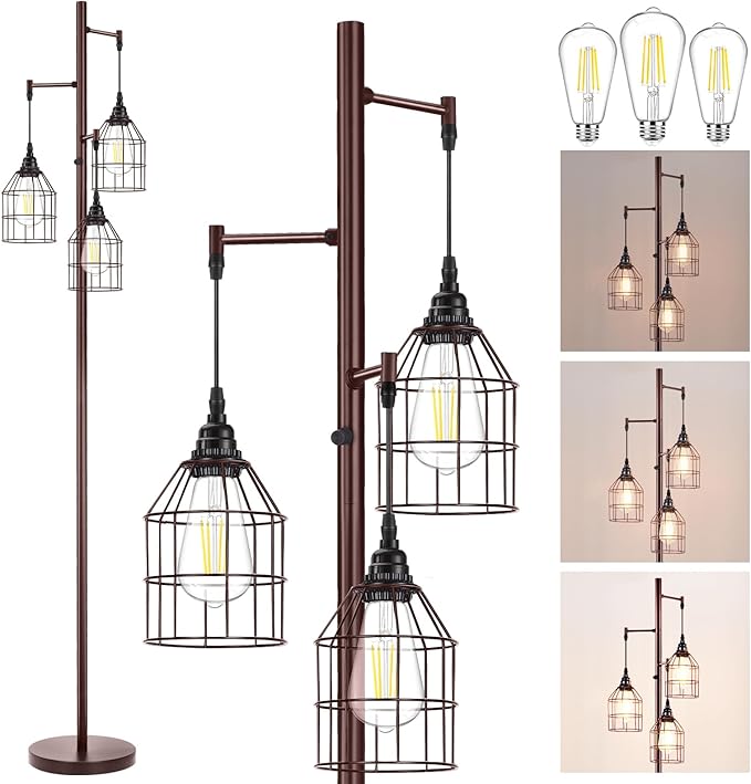 Sucolite 70" Dimmable Floor Lamp for Living Room, Industrial 3-Light Tree Floor Lamp Brown with Cages, Farmhouse Rustic Tall Standing Lamp Floor Lighting for Bedroom Office, 3 Free LED Edison Bulbs