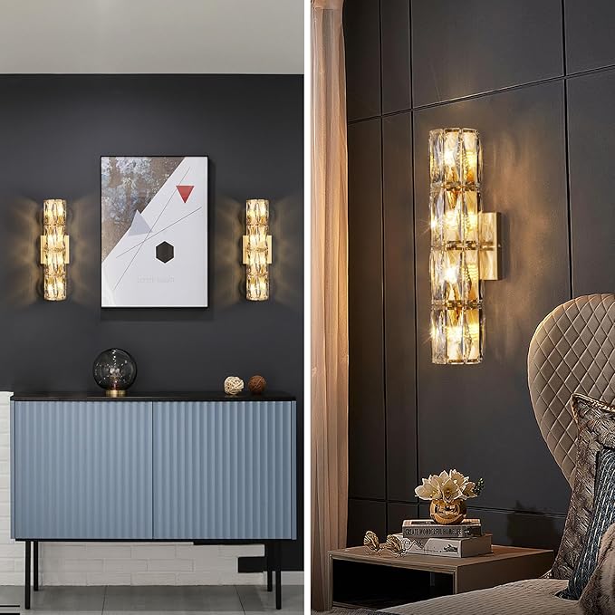 Crystal Wall Sconces Lighting, Modern Gold Wall Light Fixture, Elegant Vanity Wall Lighting Mount for Living Room Bedroom Bathroom Crystal Vanity Light Fixture for Indoor Hallway Doorway Stairway - Aura Lighting