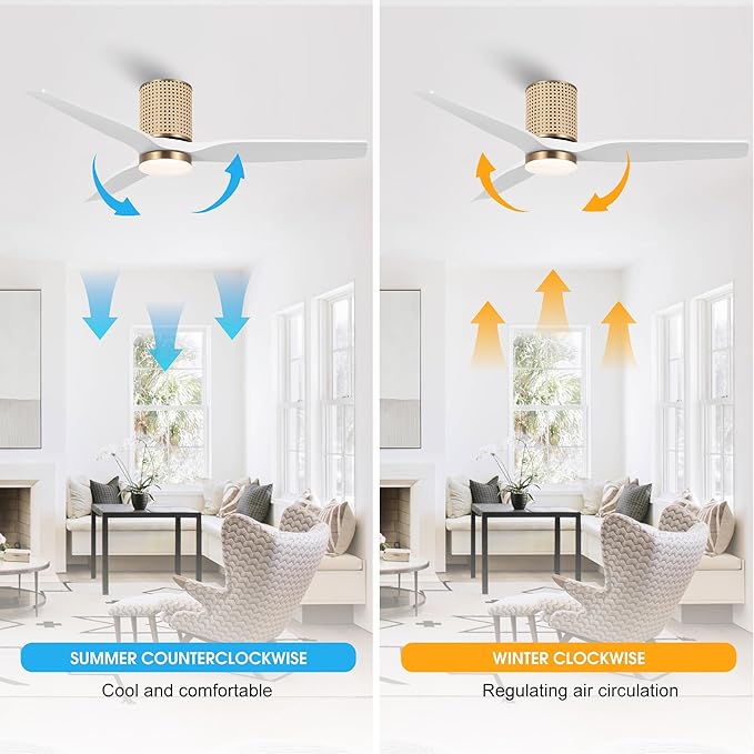 52" Ceiling Fan with Light - Low Profile Flush Mount Ceiling Fan, 6-Speed Remote Control, Solid Wood, Quiet Reversible DC Motor, White/Gold Finish, for Bedroom, Living Room, Porch - Aura Lighting