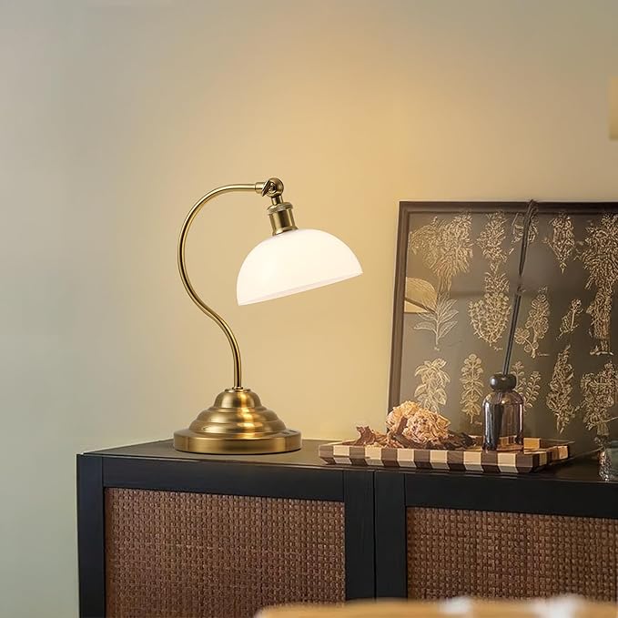 Cordless LED Table Lamp Set of Two, Swing Arm Desk Lamp, Battery Operated,Dimmable/3 Color,Modern Rechargeable Table Light for Living Room,Bedroom,Bedside, White Glass Shade, Brass - Aura Lighting