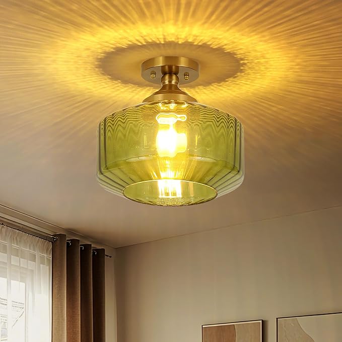 11.8in Semi Flush Mount Ceiling Light Fixture, Vintage Striated Glass Kitchen Lighting Fixtures Ceiling Mount for Entryway Hallway Bedroom Dining Room Bathroom Foyer Laundry (Green)