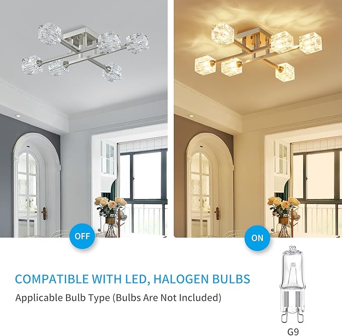 XINGQI Sputnik Light Fixture 6-Lights Semi Flush Mount Ceiling Light, Modern Silver Glass Chandelier Brushed Nickel Lighting for Dining Room Living Room Kitchen Bedroom Entryway - Aura Lighting