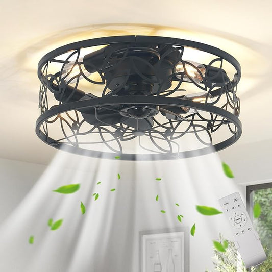 Garwarm 18in Caged Ceiling Fan with Light,Rustic Farmhouse Ceiling Fans with Lights and Remote,Bladeless Black Fandelier Ceiling Fan,Small Flush Mount Ceiling Fan for Kitchen, Bedroom（6 Speed, Timing）